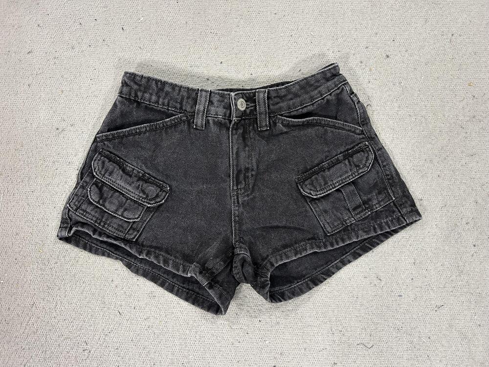 Y2K Cargo Shorts Womens 25 Black Micro Mini Low Rise Denim